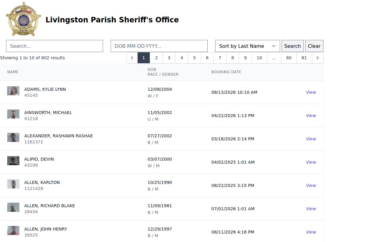 Livingston Parish busted mugshot roster search interface